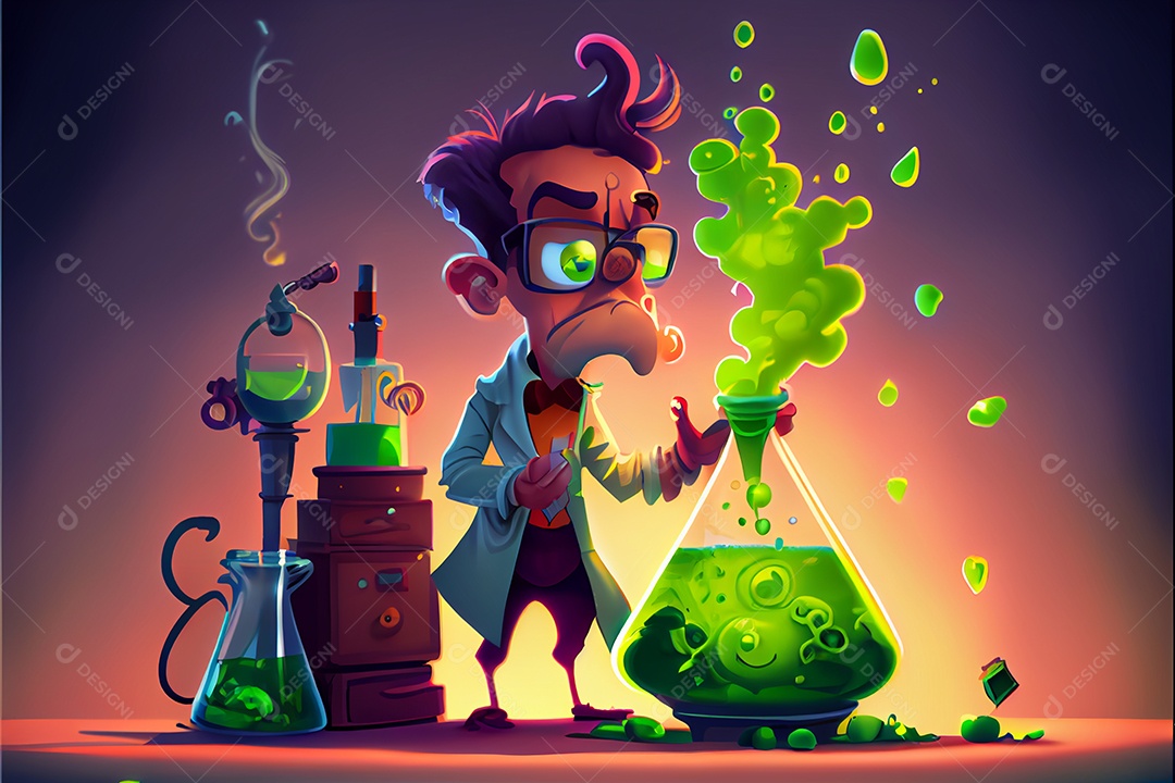 Cientista de desenho animado experimentando produtos químicos, Dia Nacional da Ciência