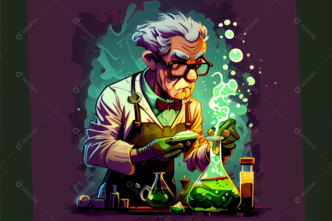 Cientista de desenho animado experimentando produtos químicos, Dia Nacional da Ciência