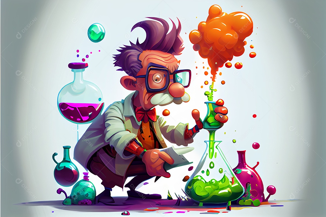 Cientista de desenho animado experimentando produtos químicos, Dia Nacional da Ciência