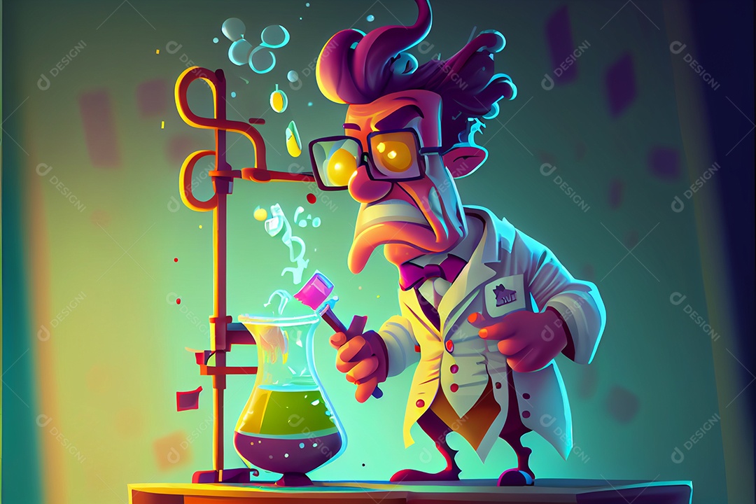 Cientista de desenho animado experimentando produtos químicos, Dia Nacional da Ciência