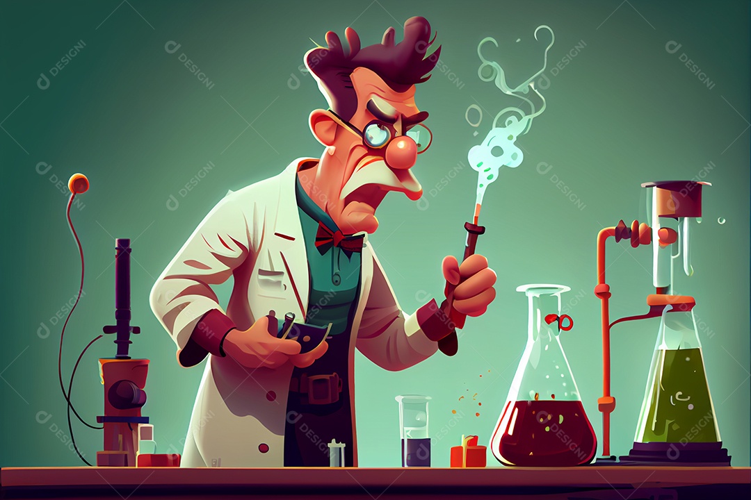Cientista de desenho animado experimentando produtos químicos, Dia Nacional da Ciência