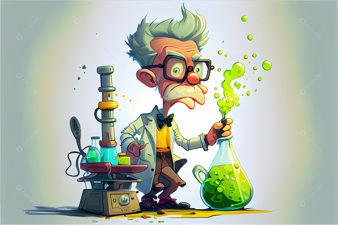 Cientista de desenho animado experimentando produtos químicos, Dia Nacional da Ciência