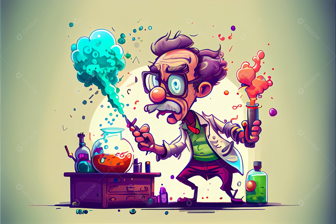 Cientista de desenho animado experimentando produtos químicos, Dia Nacional da Ciência