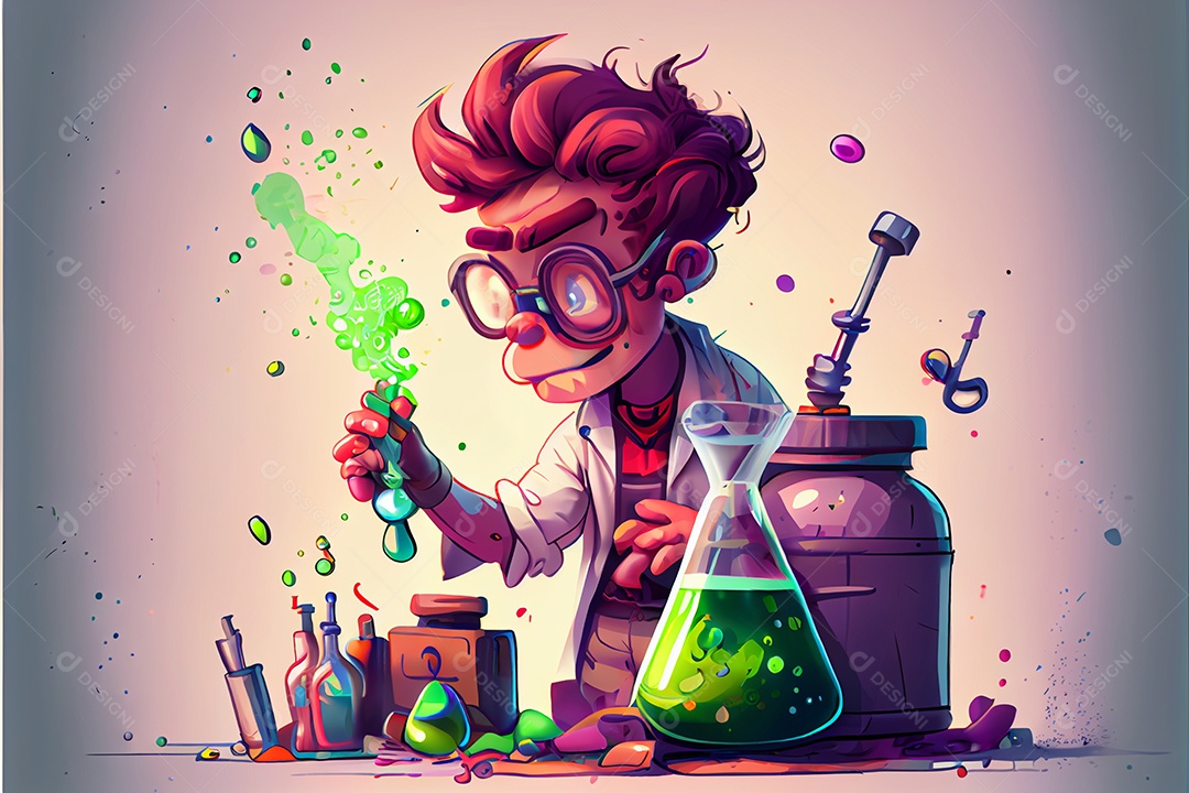 Cientista de desenho animado experimentando produtos químicos, Dia Nacional da Ciência