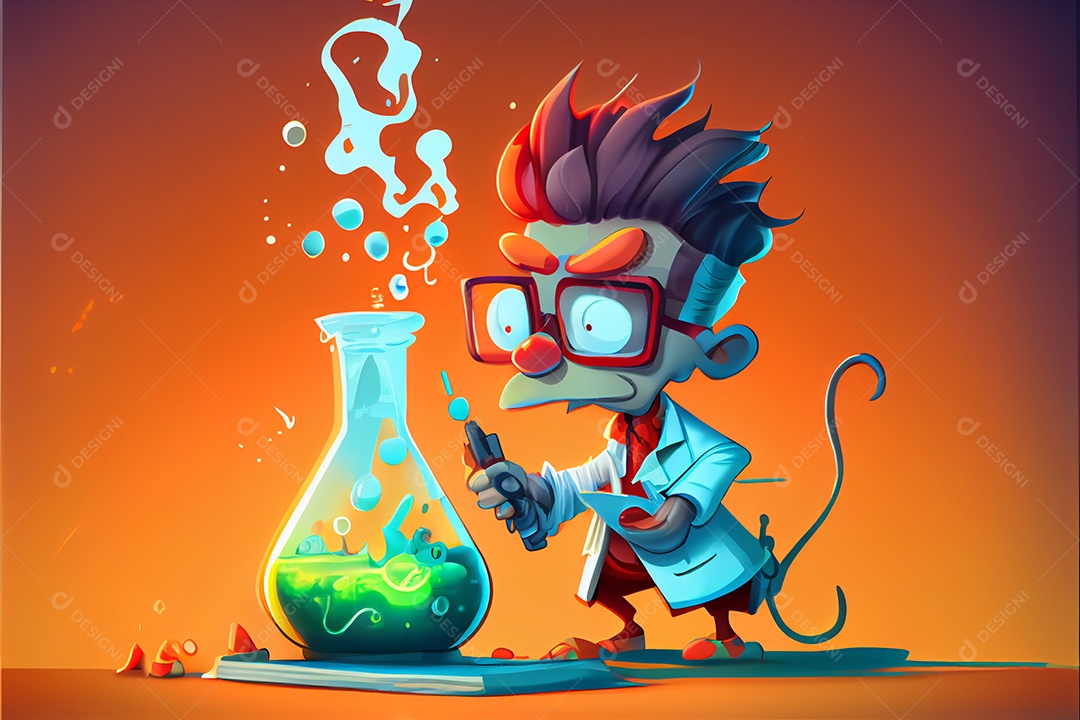 Cientista de desenho animado experimentando produtos químicos, Dia Nacional da Ciência