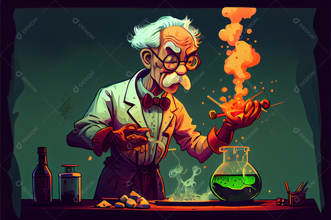 Cientista de desenho animado experimentando produtos químicos, Dia Nacional da Ciência