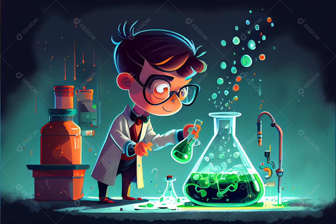 Cientista de desenho animado experimentando produtos químicos, Dia Nacional da Ciência