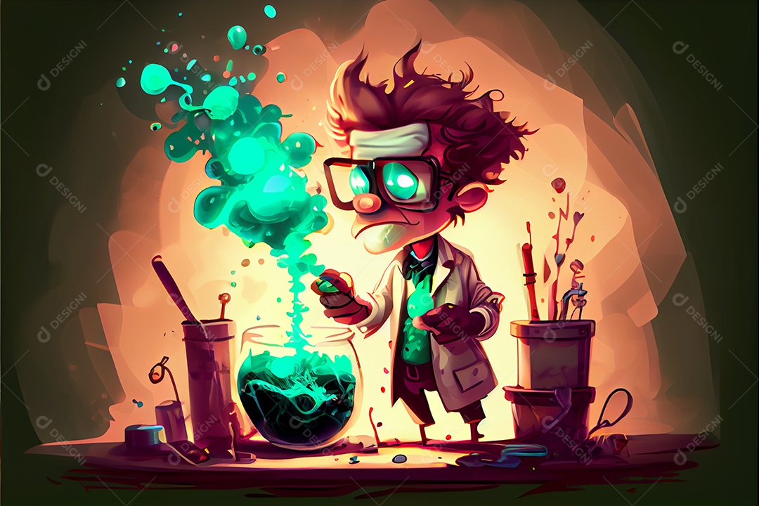 Cientista de desenho animado experimentando produtos químicos, Dia Nacional da Ciência