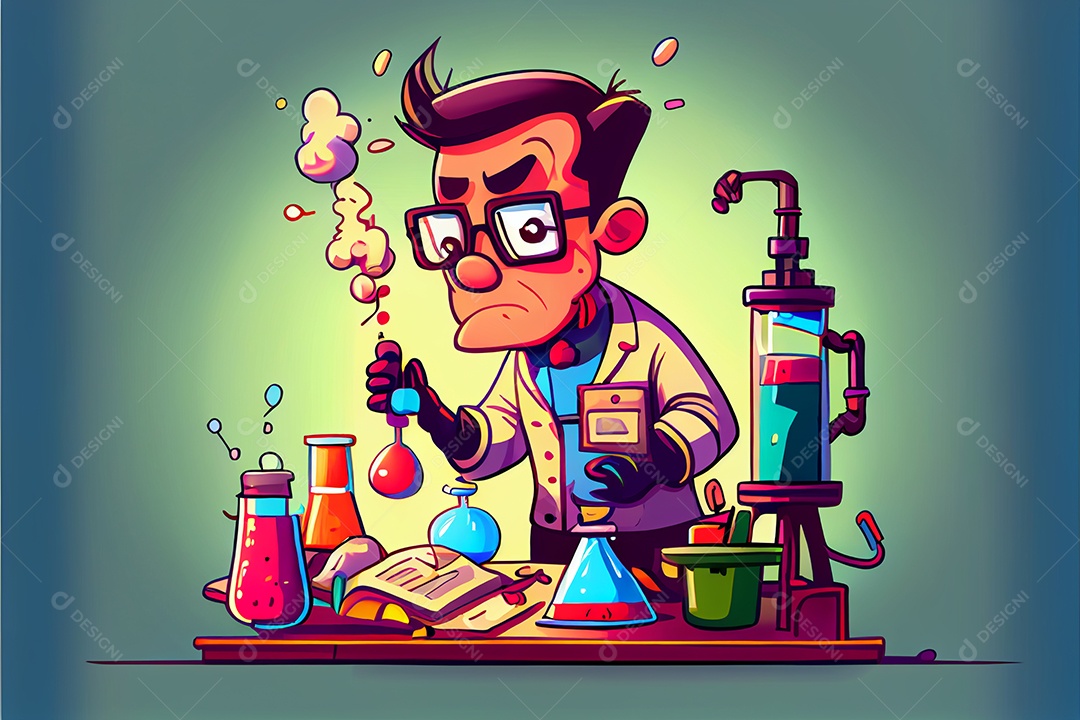 Cientista de desenho animado experimentando produtos químicos, Dia Nacional da Ciência