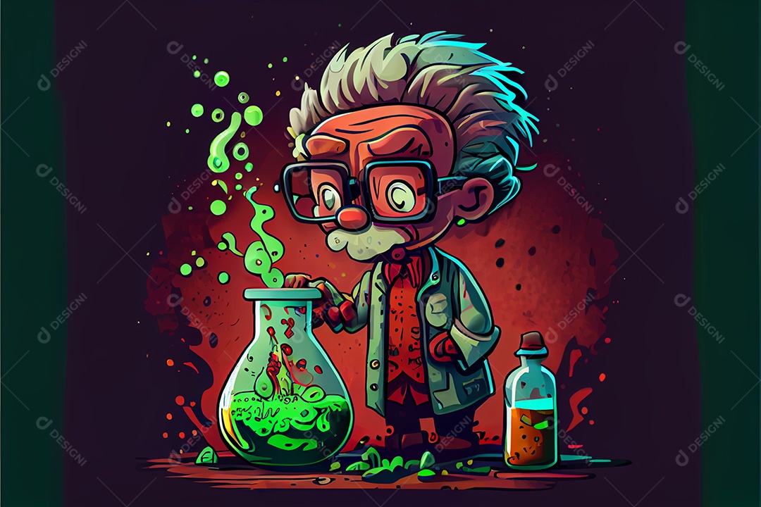 Cientista de desenho animado experimentando produtos químicos, Dia Nacional da Ciência