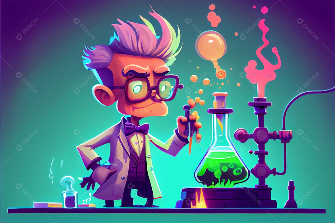 Cientista de desenho animado experimentando produtos químicos, Dia Nacional da Ciência