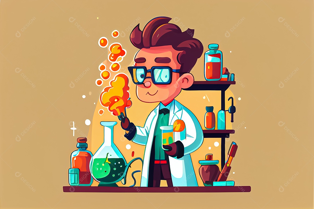 Cientista de desenho animado experimentando produtos químicos, Dia Nacional da Ciência