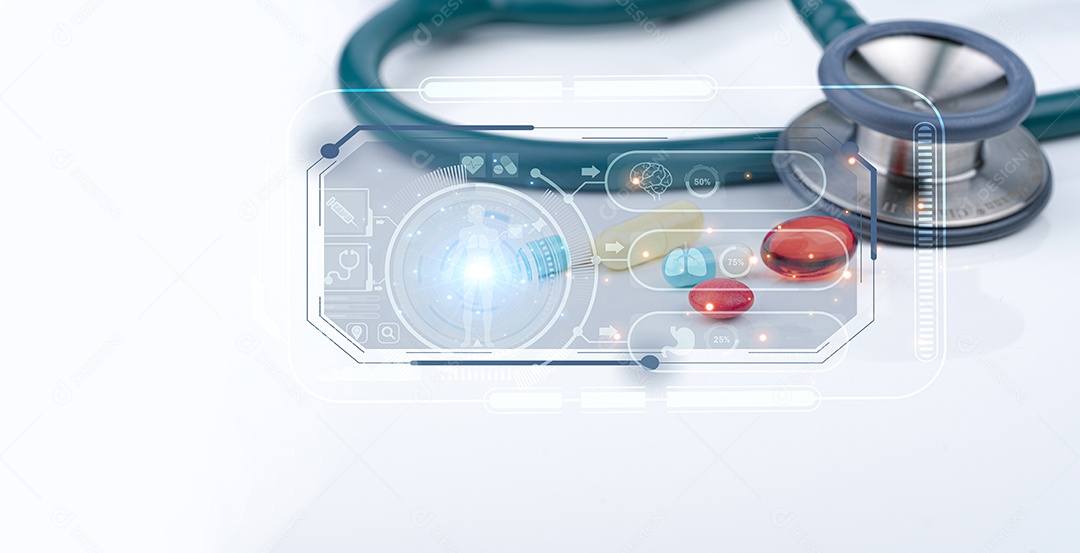 Comprimidos e estetoscópio com conceito de farmacocinética.
