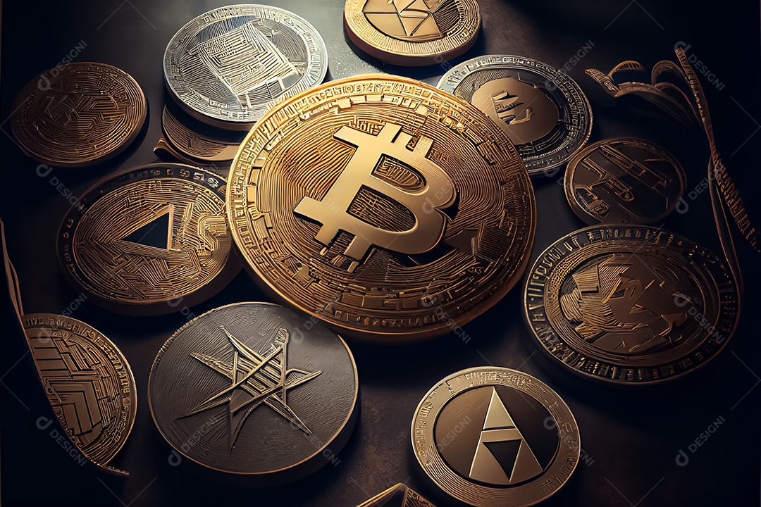 Bitcoin dourado, imagem conceitual para moeda criptográfica, símbolo ouro bitcoin