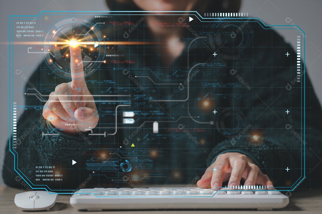 Processamento digital futurista de scanner de impressão digital de identificação biométrica para acessar dados financeiros pessoais. vigilância e varredura de segurança de programas digitais aplicativos futuristas cibernéticos