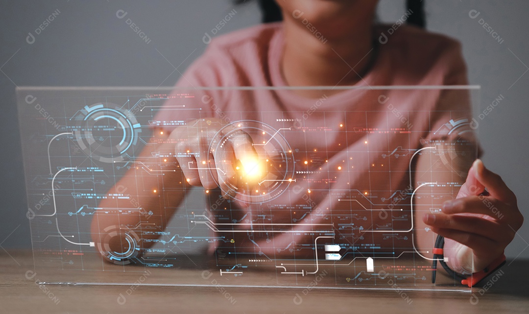 Processamento digital futurista de scanner de impressão digital de identificação biométrica para acessar dados financeiros pessoais. vigilância e varredura de segurança de programas digitais aplicativos futuristas cibernéticos