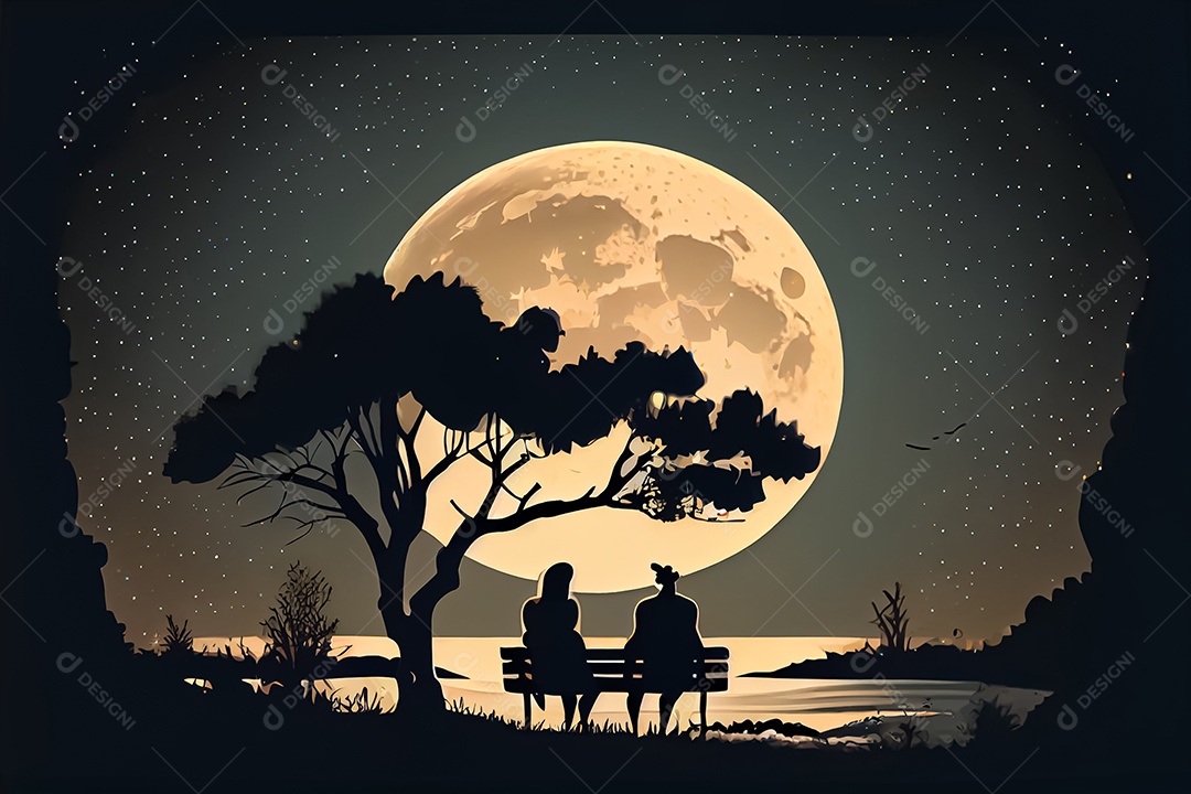 Casal masculino e feminino dos desenhos animados, observando o céu ao entardecer