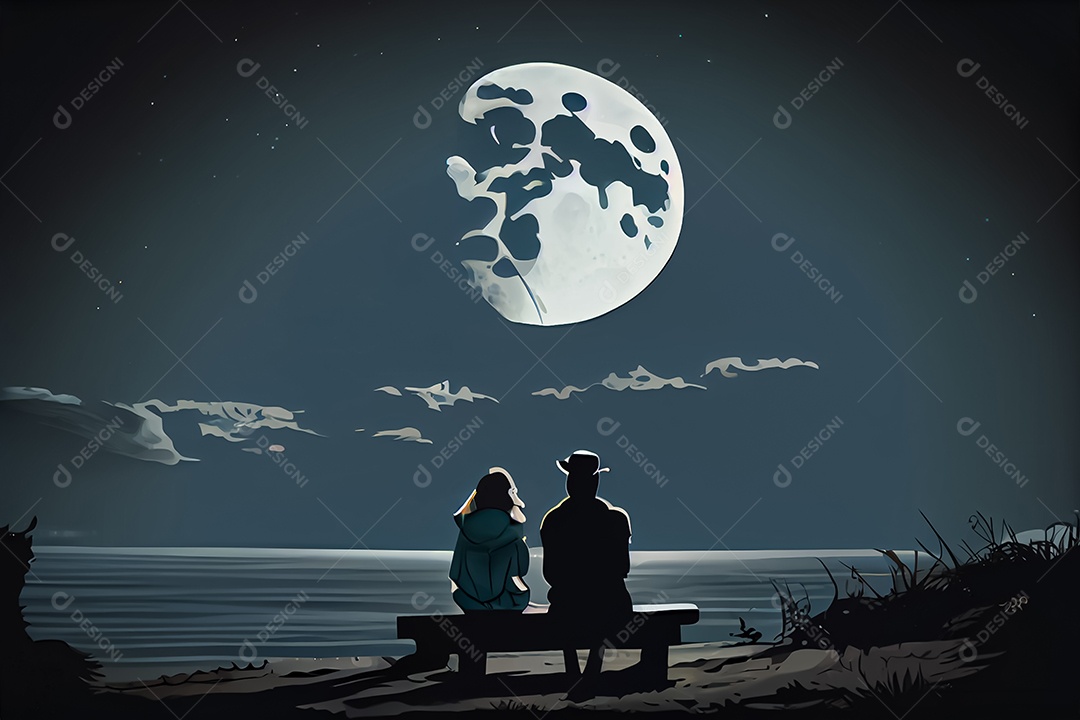 Casal masculino e feminino dos desenhos animados, observando o céu ao entardecer