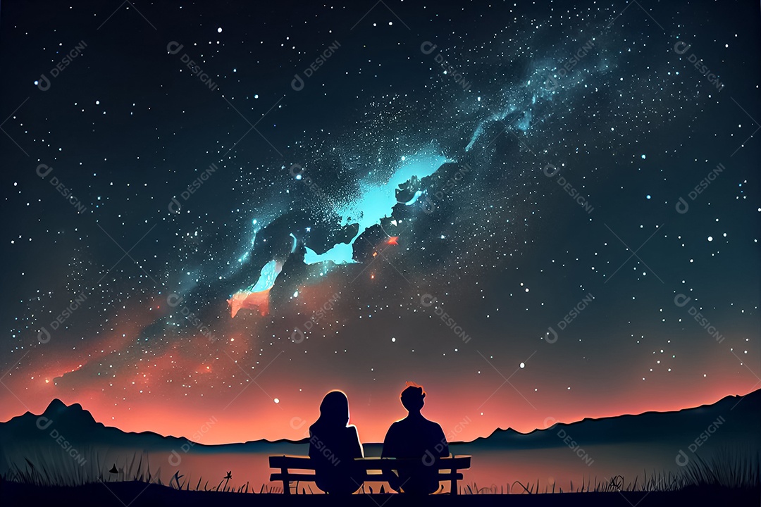 Casal masculino e feminino dos desenhos animados, observando o céu ao entardecer