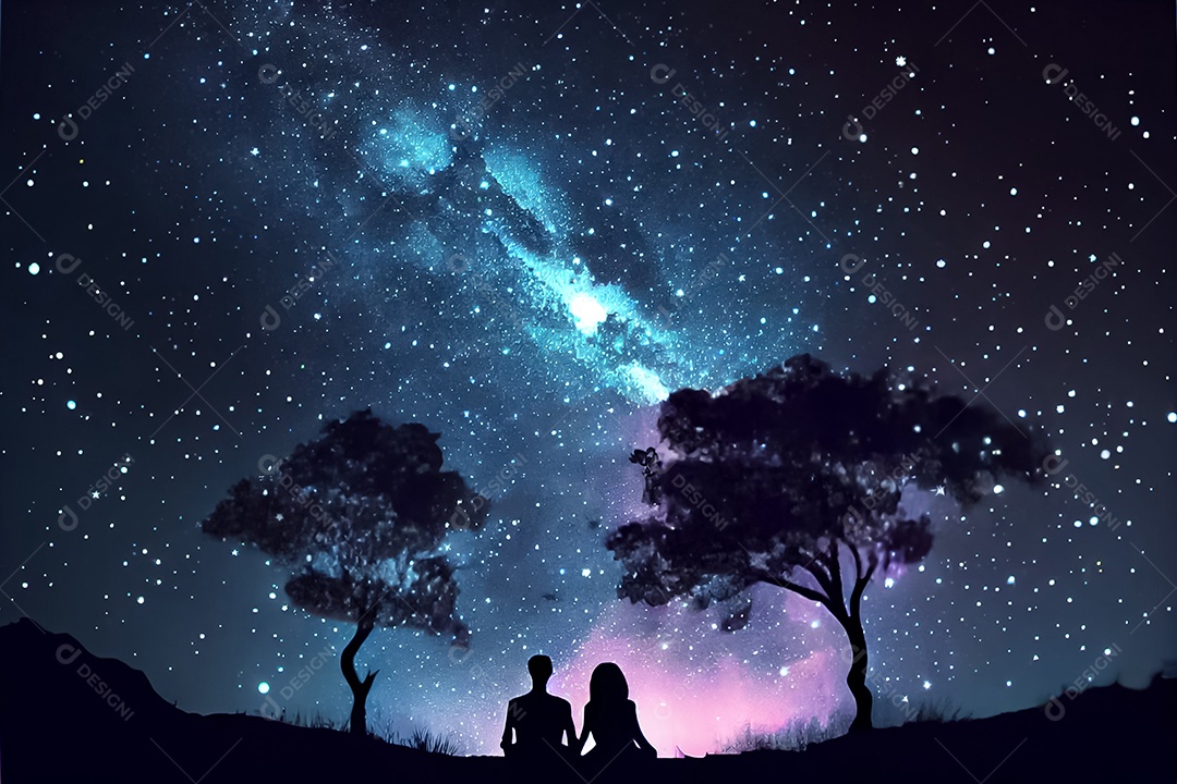 Desenho animado casal homem e mulher observando as estrelas do céu à noite
