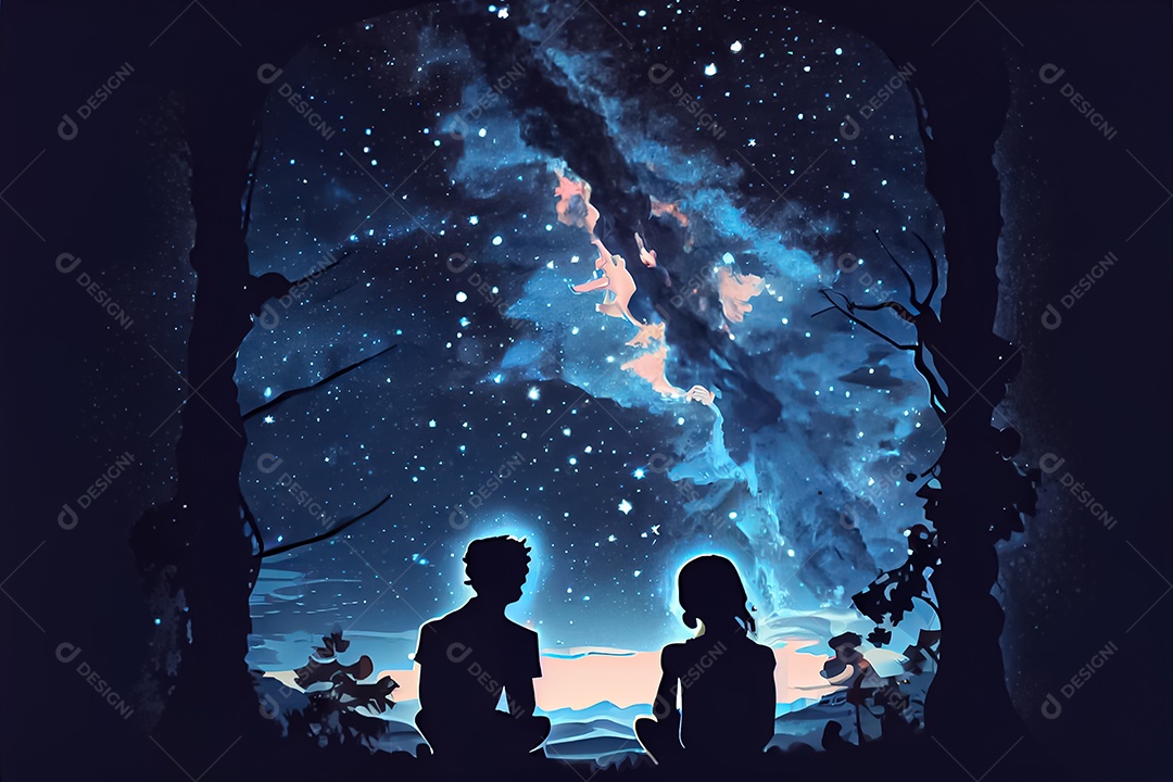 Desenho animado casal homem e mulher observando as estrelas do céu à noite