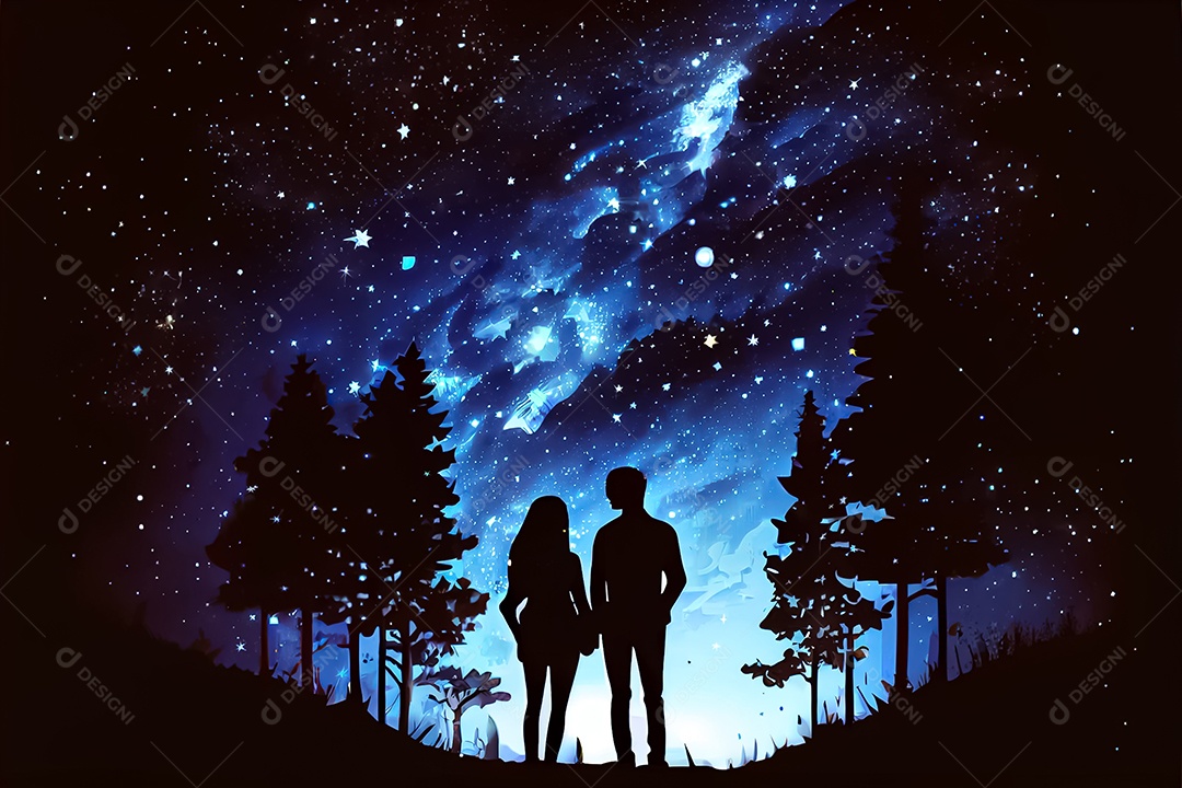 Desenho animado casal homem e mulher observando as estrelas do céu à noite