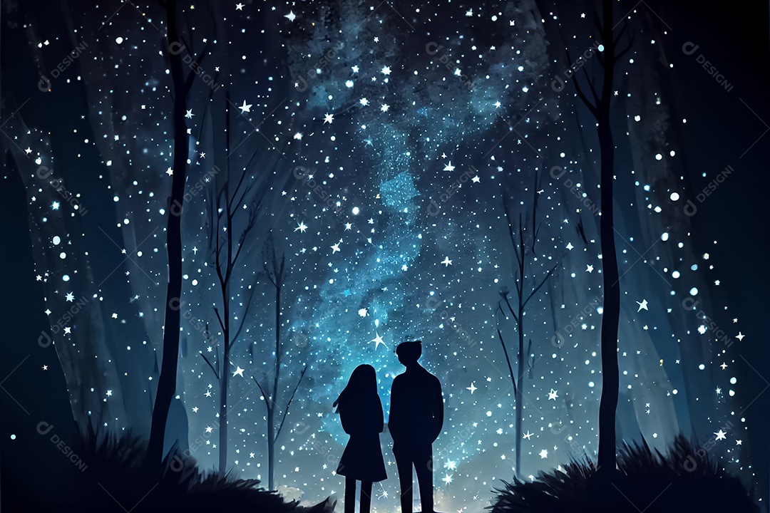 Desenho animado casal homem e mulher observando as estrelas do céu à noite