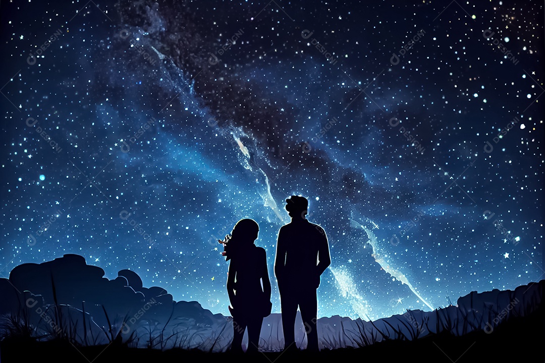 Desenho animado casal homem e mulher observando as estrelas do céu à noite