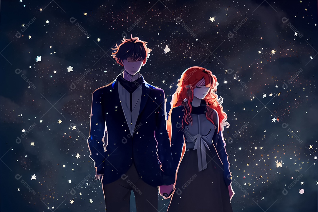 Desenho animado casal homem e mulher observando as estrelas do céu à noite