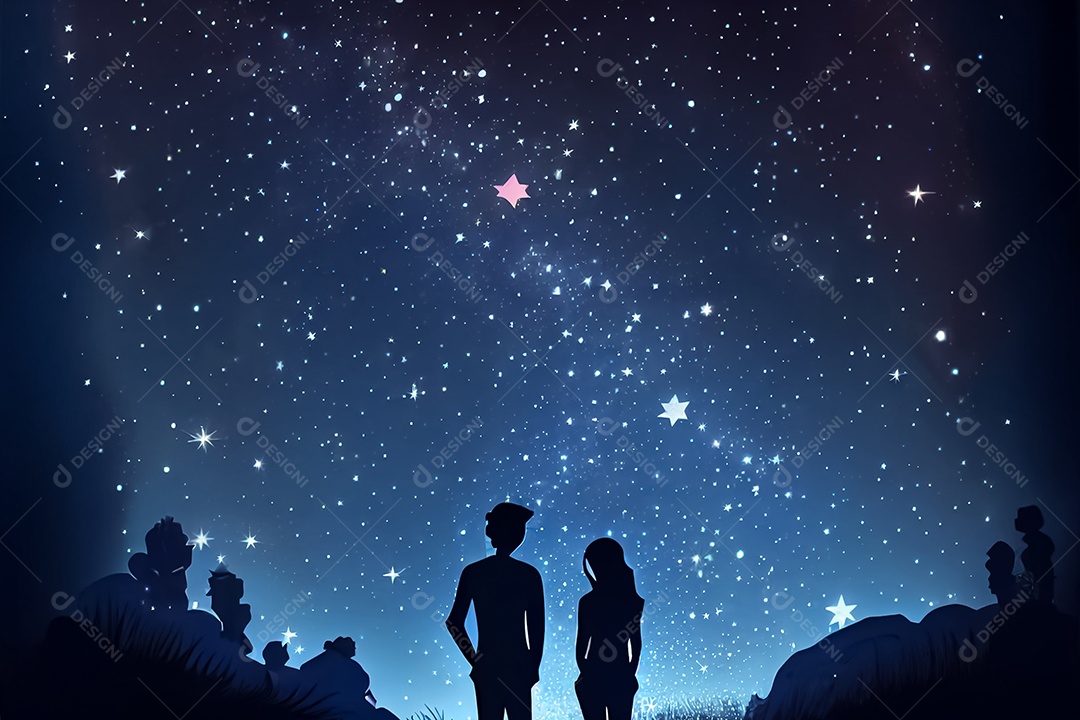 Desenho animado casal homem e mulher observando as estrelas do céu à noite