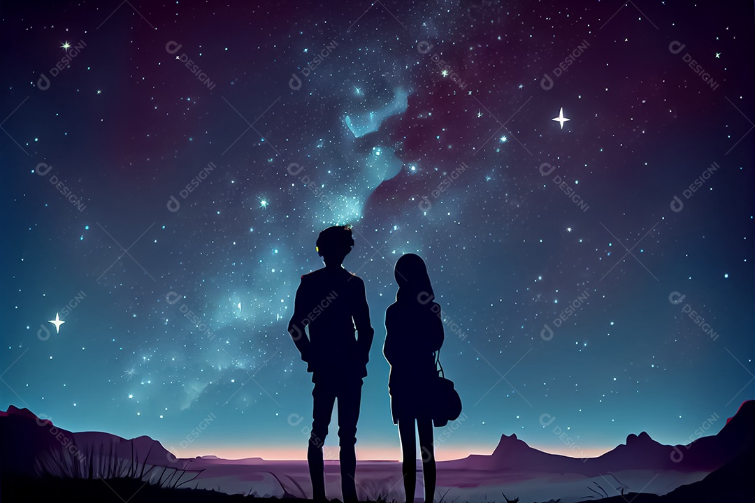 Desenho animado casal homem e mulher observando as estrelas do céu à noite