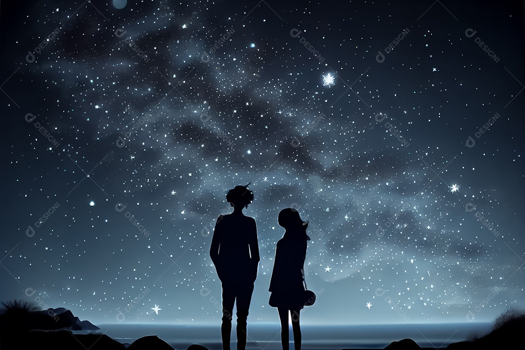 Desenho animado casal homem e mulher observando as estrelas do céu à noite