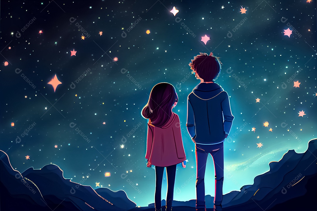 Desenho animado casal homem e mulher observando as estrelas do céu à noite