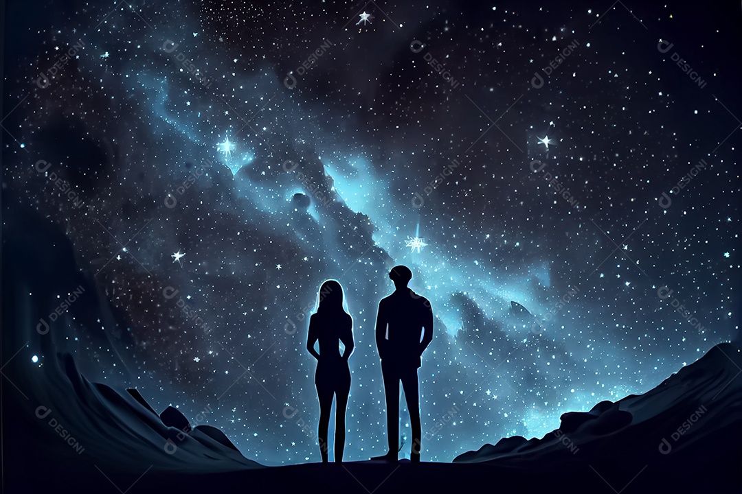 Desenho animado casal homem e mulher observando as estrelas do céu à noite