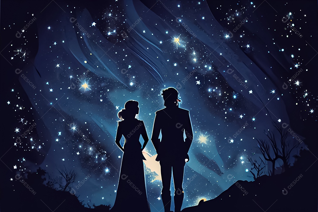 Desenho animado casal homem e mulher observando as estrelas do céu à noite