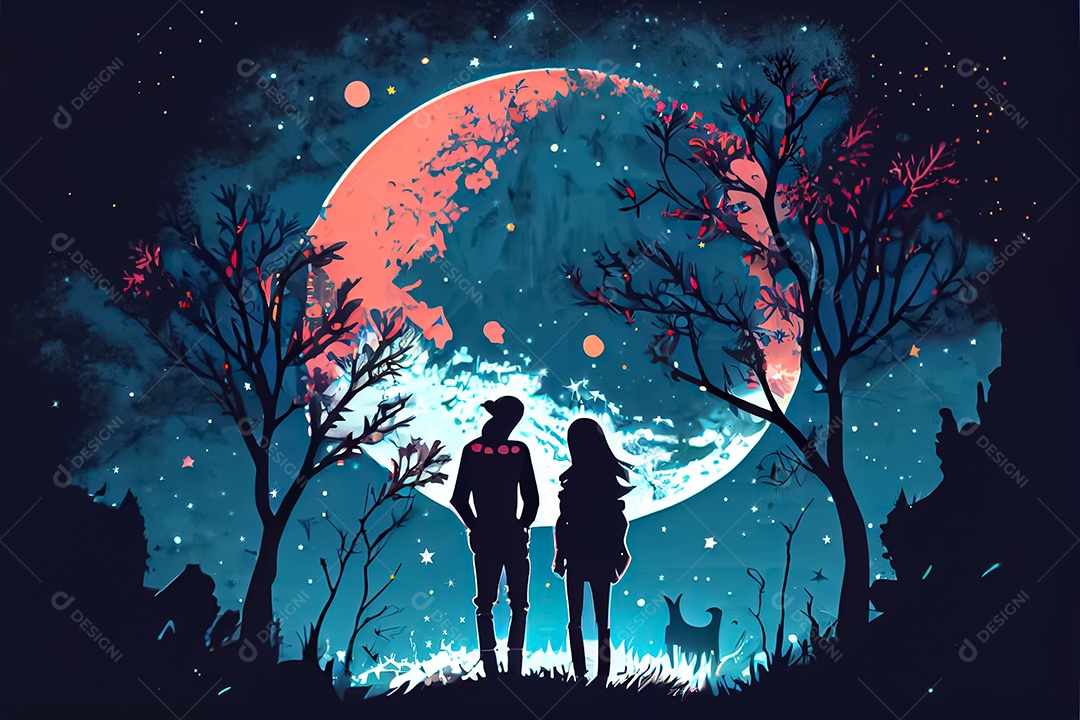 Desenho animado casal homem e mulher observando as estrelas do céu à noite