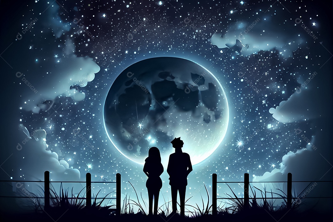 Desenho animado casal homem e mulher observando as estrelas do céu à noite