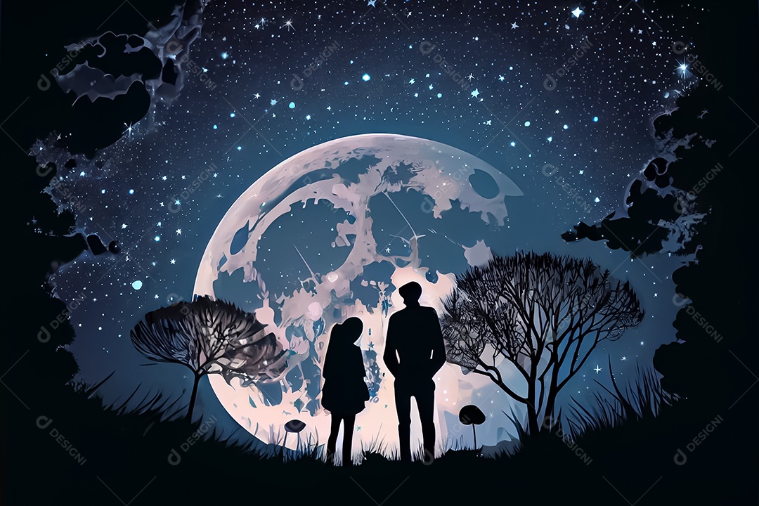 Desenho animado casal homem e mulher observando as estrelas do céu à noite