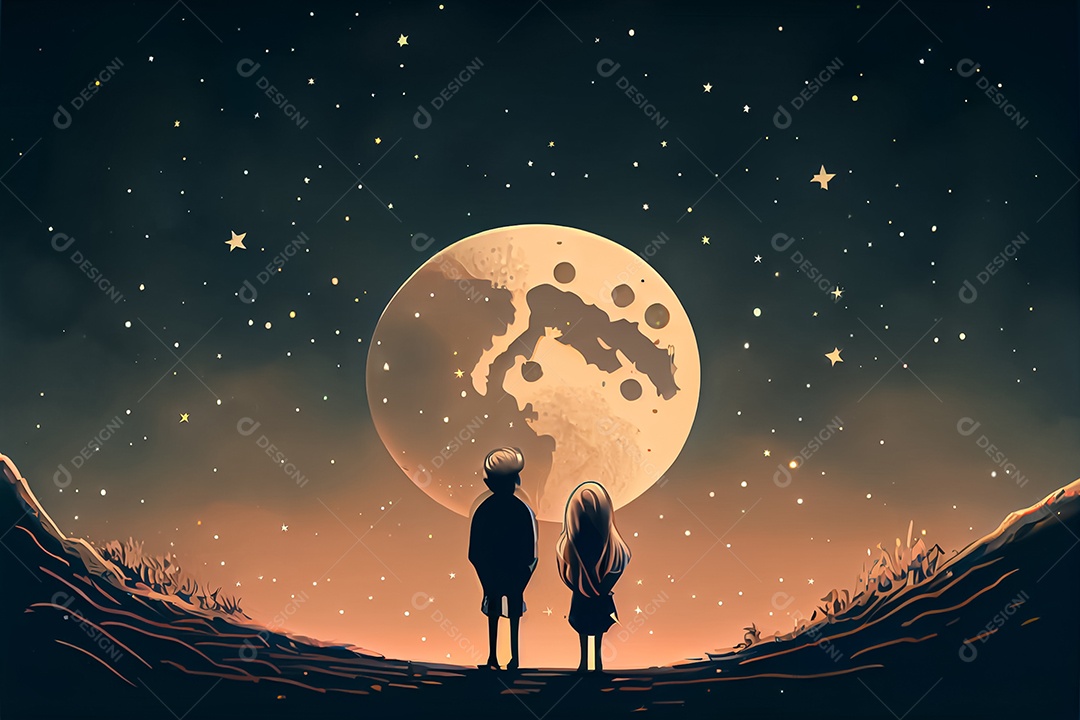 Desenho animado casal homem e mulher observando as estrelas do céu à noite