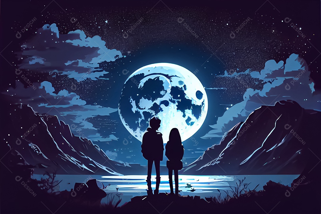 Casal masculino e feminino dos desenhos animados, observando o céu ao entardecer