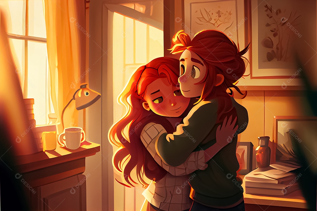 Casal masculino e feminino dos desenhos animados, observando o céu ao entardecer