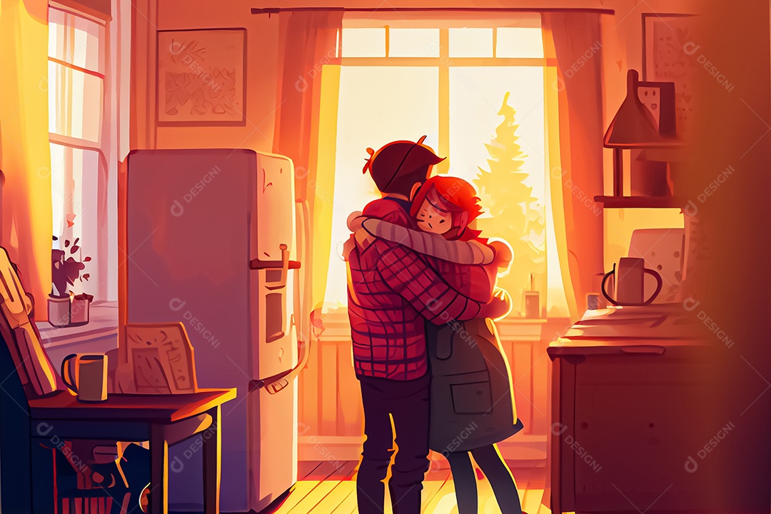 Casal masculino e feminino dos desenhos animados, observando o céu ao entardecer