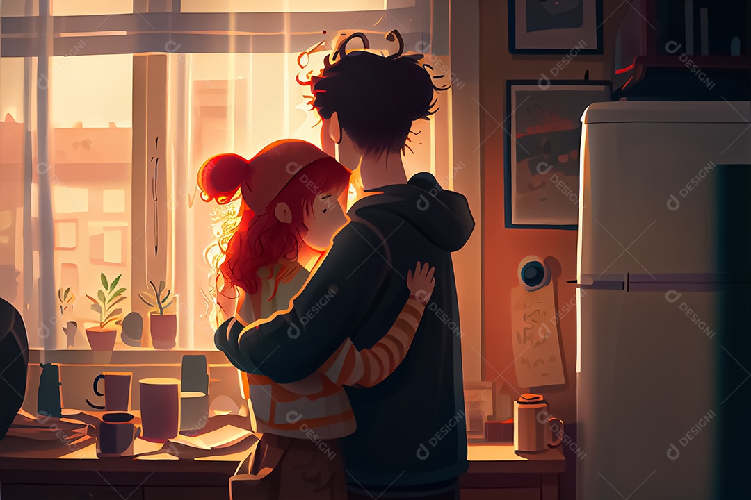 Casal masculino e feminino dos desenhos animados, observando o céu ao entardecer