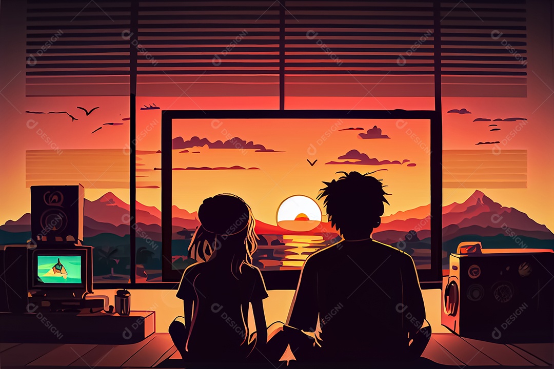 Casal masculino e feminino dos desenhos animados, observando o céu ao entardecer