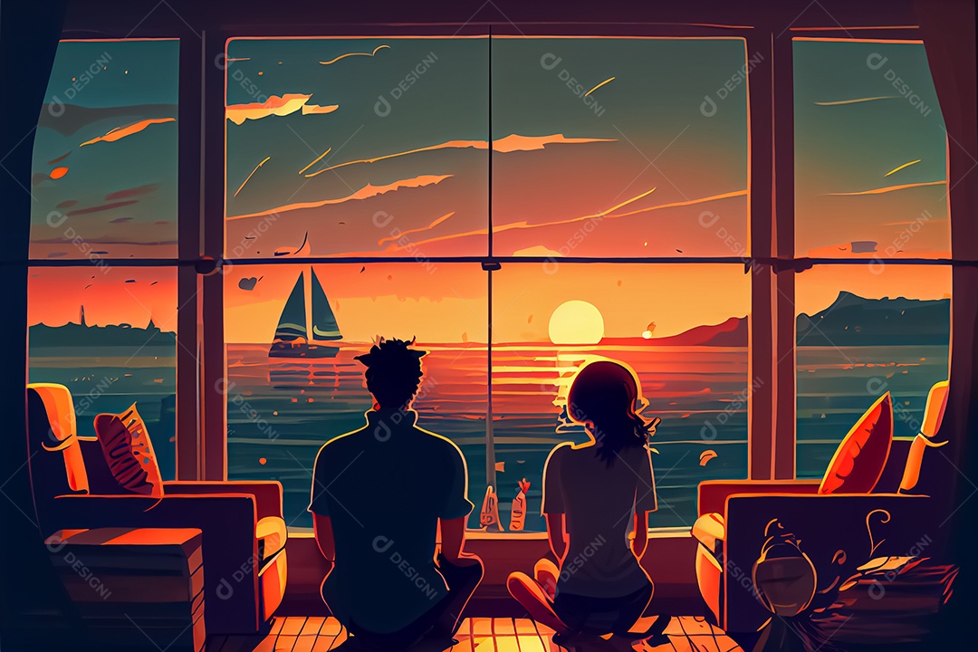 Casal masculino e feminino dos desenhos animados, observando o céu ao entardecer