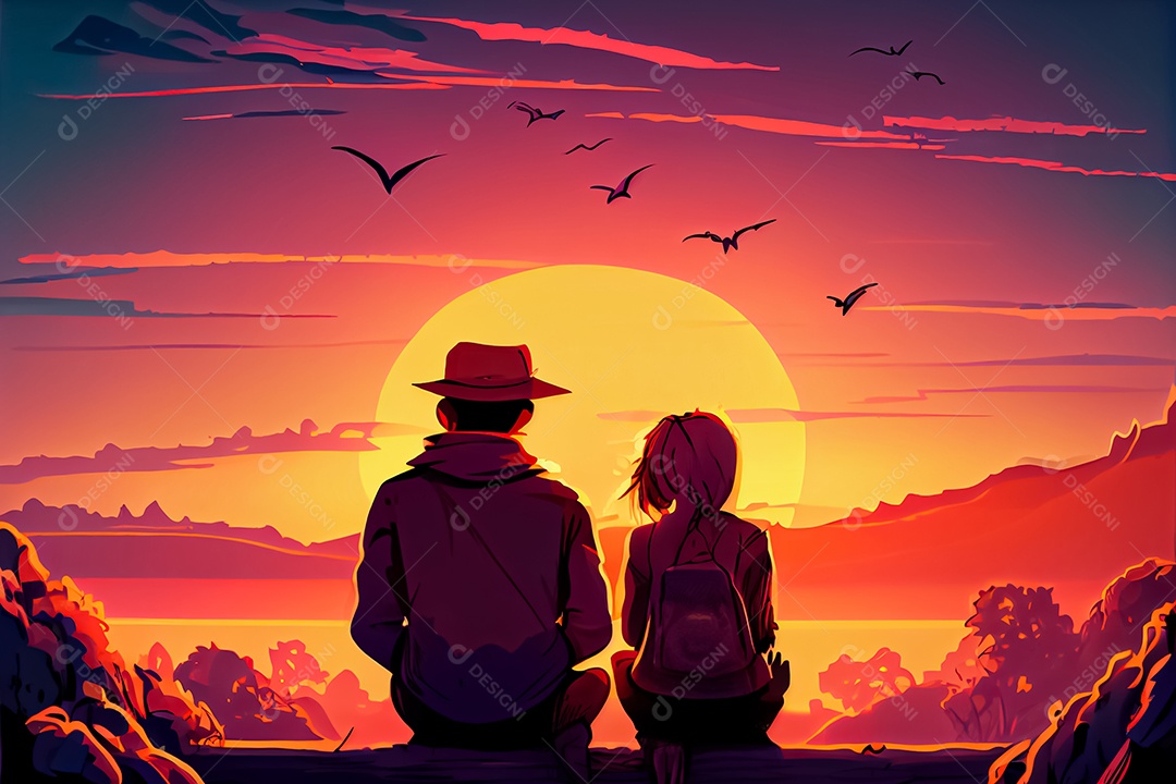 Casal masculino e feminino dos desenhos animados, observando o céu ao entardecer