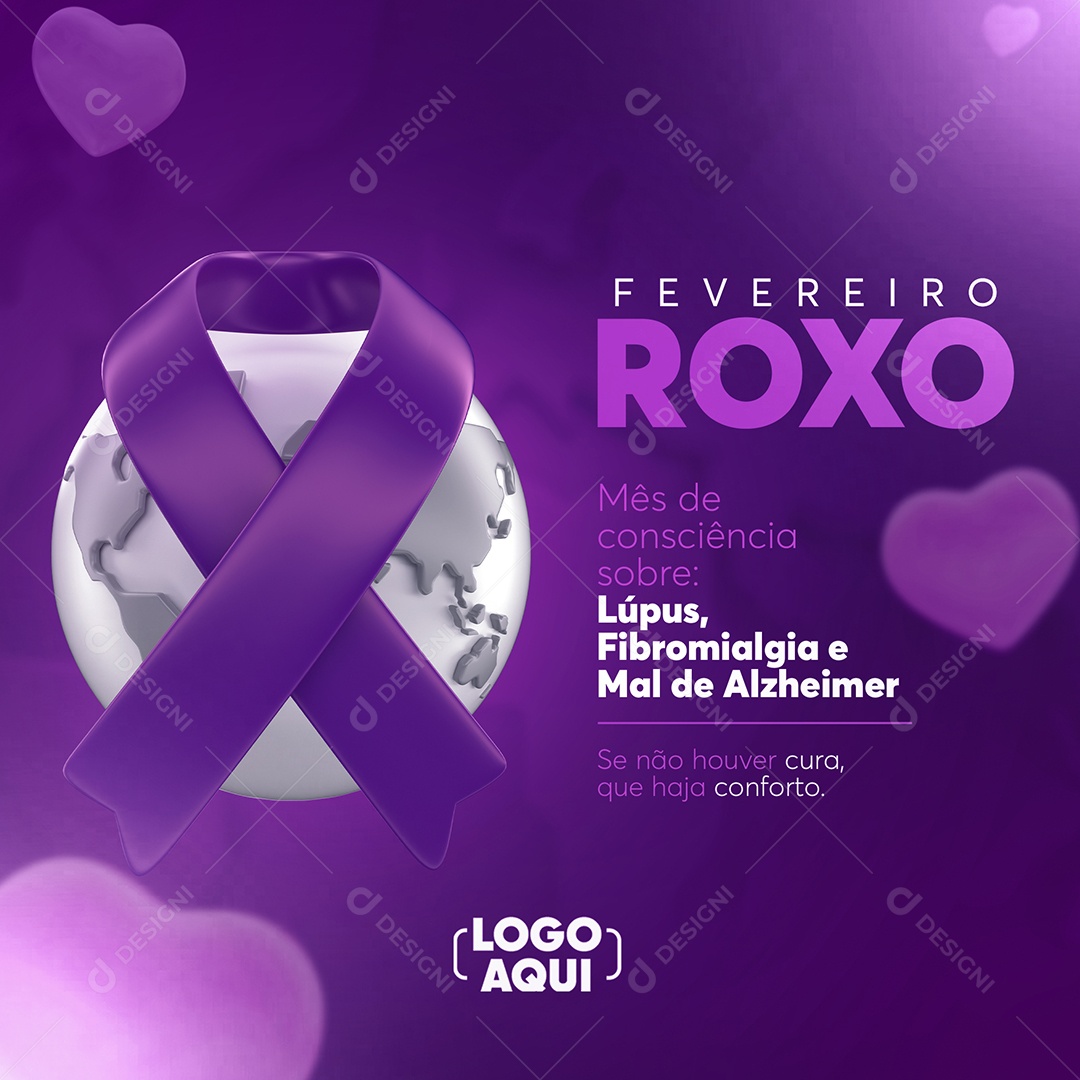 Fevereiro Roxo Mês de Combate ao Lúpus Fibromialgia e Alzheimer Social Media PSD Editável