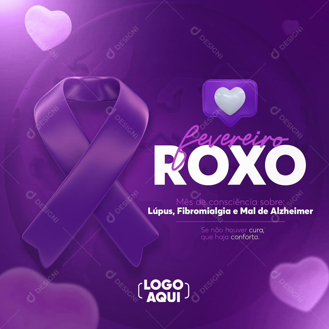 Fevereiro Roxo Mês de Combate ao Lúpus Fibromialgia e Alzheimer Social Media PSD Editável