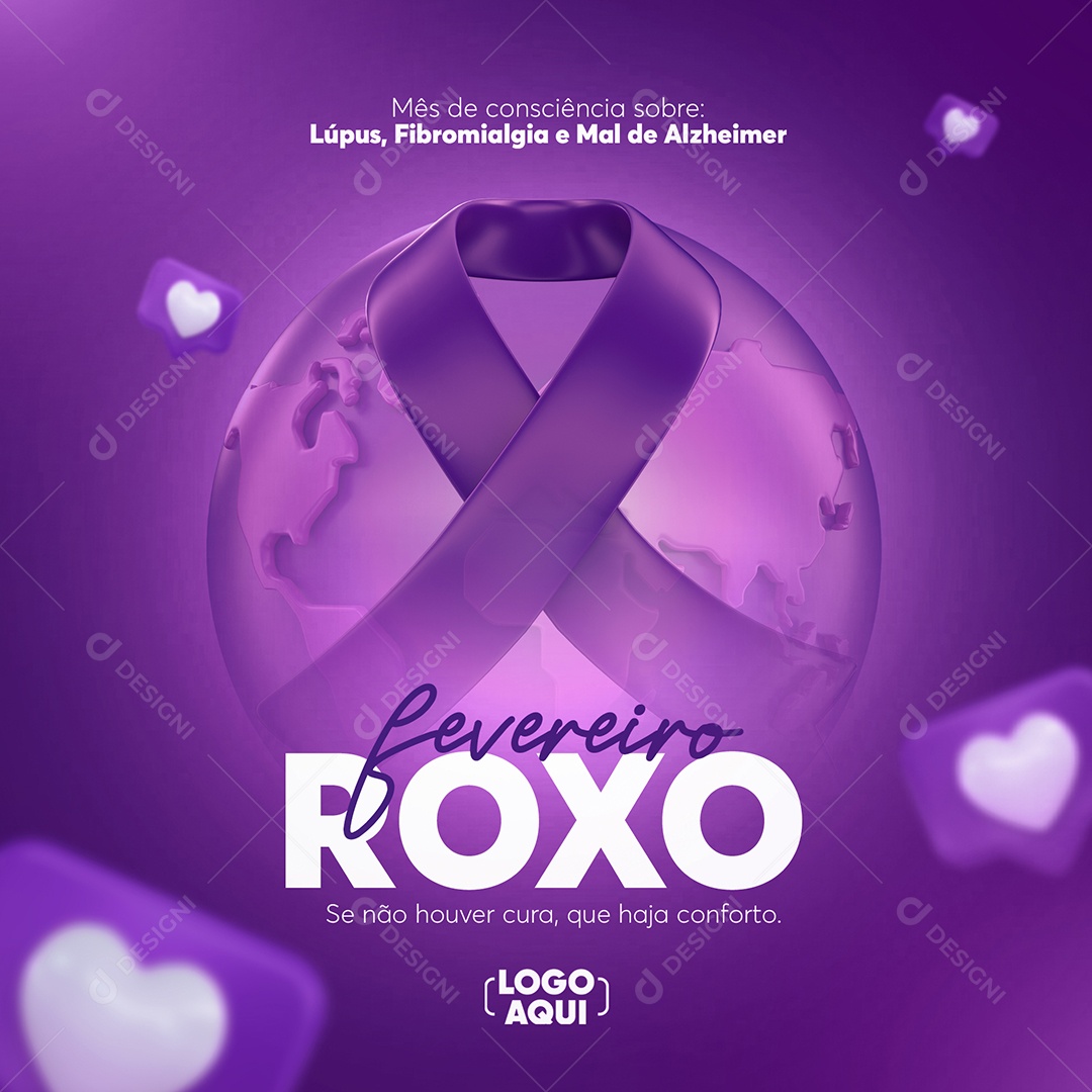 Fevereiro Roxo Mês de Combate ao Lúpus Fibromialgia e Alzheimer Social Media PSD Editável