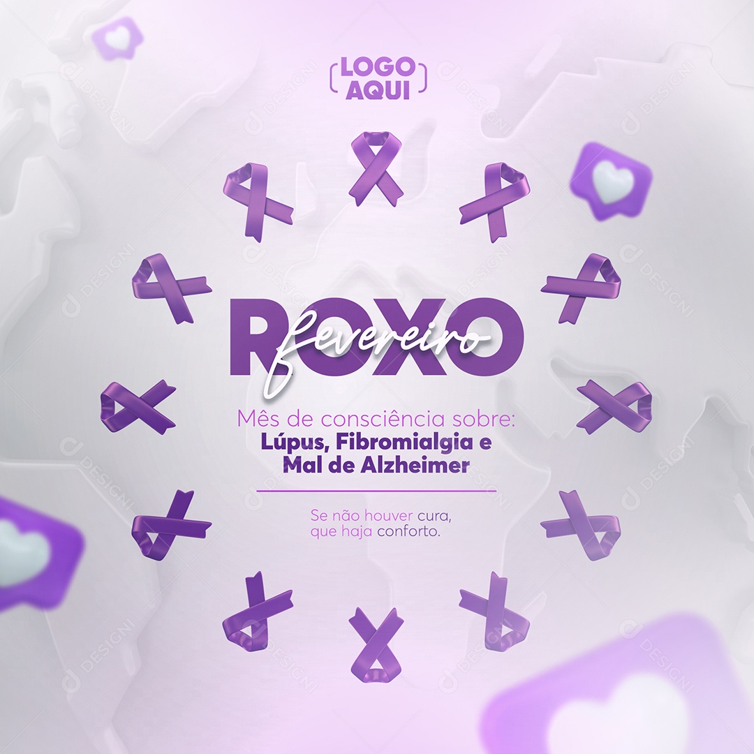 Fevereiro Roxo Mês de Combate ao Lúpus Fibromialgia e Alzheimer Social Media PSD Editável